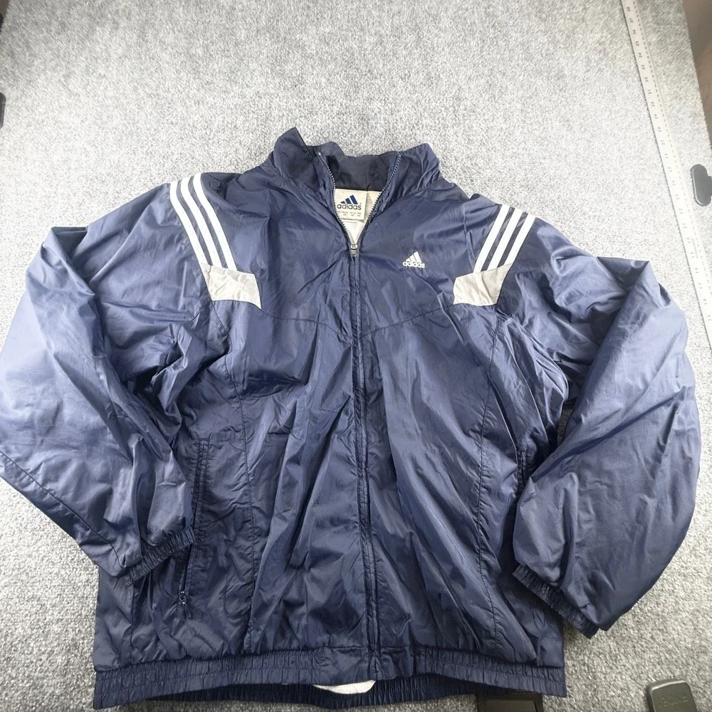 Adidas Vintage Windbreaker Jacket Navy Blue 3 Stripe Full Zip Mens XL